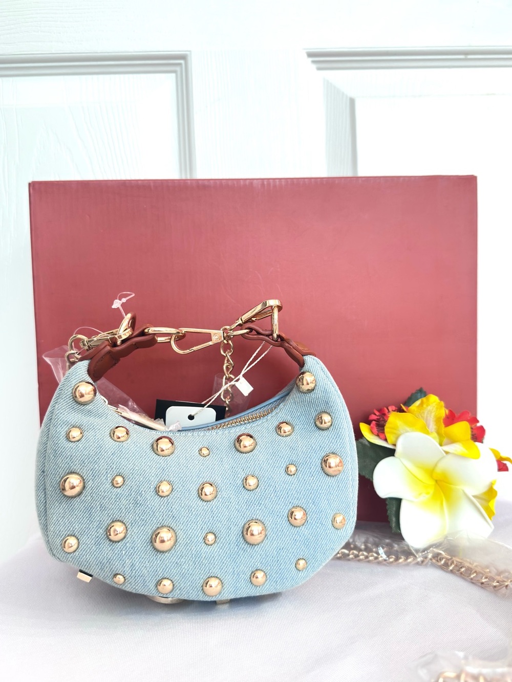 LE MIEL ~ Light Wash Denim Gold Studded Mini Bag w/Crossbody Chain Vegan PU - Picture 5 of 11